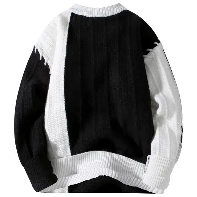 吾皇猫 慵懒风美式复古基础款简约百搭加绒加厚圆领套头时尚贴布设计针织宽松保暖内搭不对称拼色撞色打底衫无性别穿搭休闲毛衣 男女同款