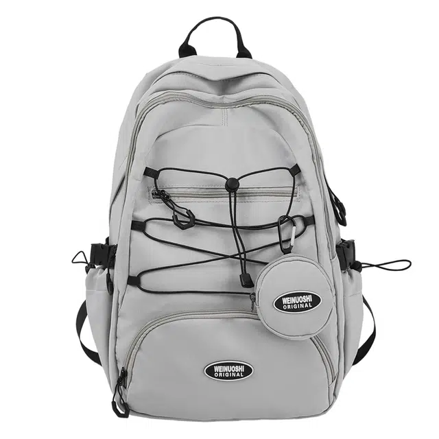 蔻蒂熊 抽绳女户外骑行运动登山背包百搭学生上课通勤书包 尼龙布 双肩包 常规 青少年 白色/灰色/黑色