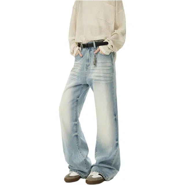 颂希尔 美式水洗做旧男秋季高街微喇直筒长裤潮牌设计感痞帅牛仔裤 男女同款