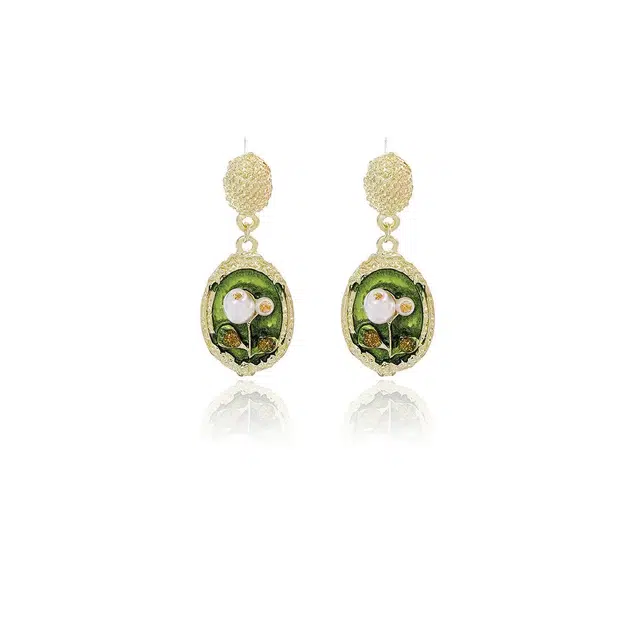 澜耀 绿绮画框 油画风法式 轻奢绿色耳饰 铜合金 耳环 女款