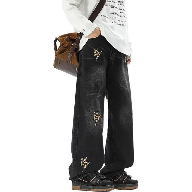 协协乐 闪电纹贴布豹纹设计感高街风美式复古做旧水洗春秋季宽松直筒阔腿拖地裤百搭休闲运动长裤牛仔裤 男款