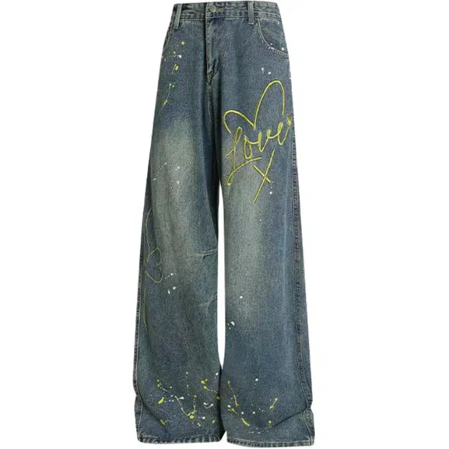 地界二 美式复古泼墨字母刺绣直筒潮牌宽松阔腿拖地长裤潮牛仔裤 男女同款