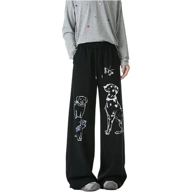 颂希尔 美式复古港风创意手绘小狗印花设计感慵懒潮牌百搭宽松阔腿长裤休闲裤 男女同款