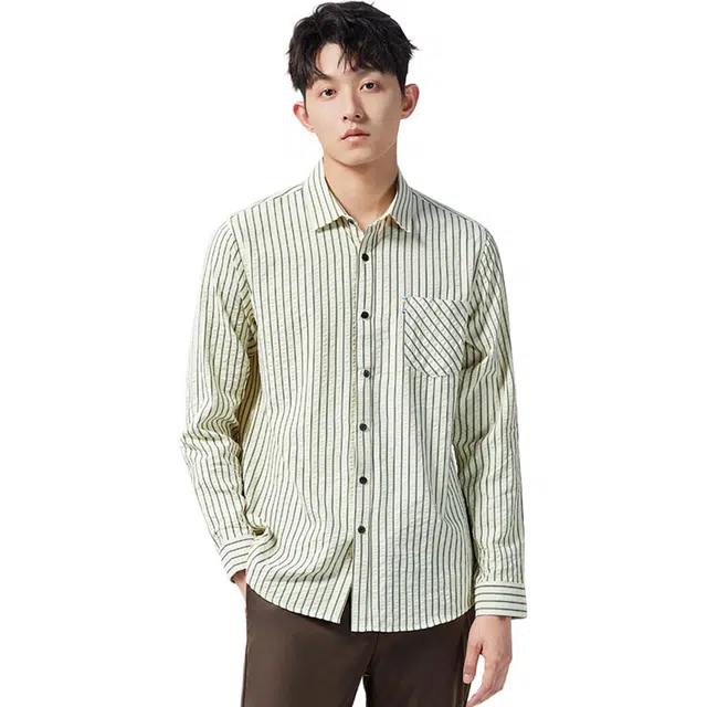 瑞梵帝斯 夏季条纹设计潮流韩版修身商务正装通勤百搭简约职场休闲工装职业秋季时尚都市口袋衬衣男士长袖衬衫 男款