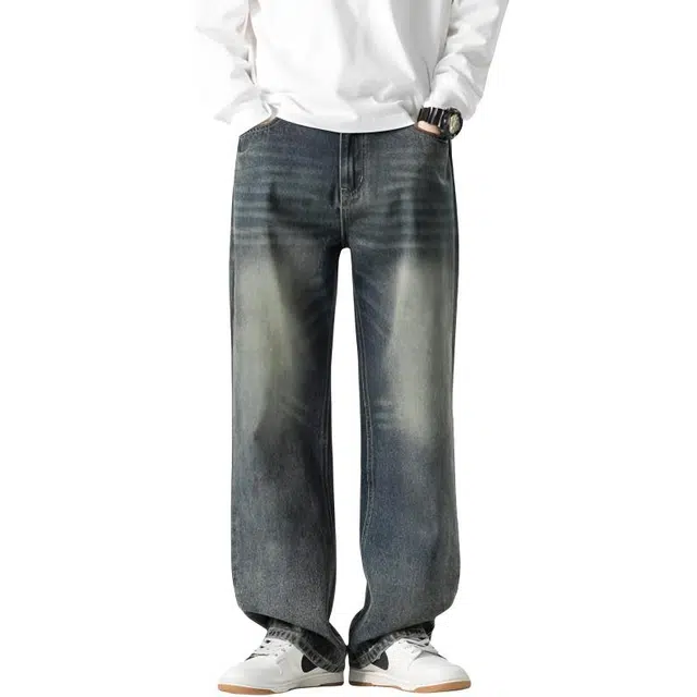 华夏儿女 美式复古水洗休闲裤秋冬季男女款高街潮牌时尚设计感做旧宽松直筒怀旧牛仔裤 男款
