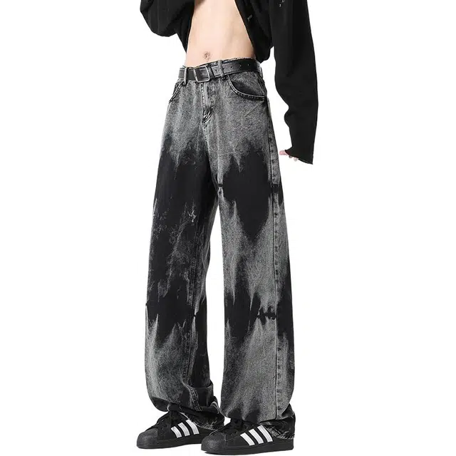 黑马漫画 美式阔腿微喇裤男夏季休闲长裤直筒宽松牛仔裤 男女同款