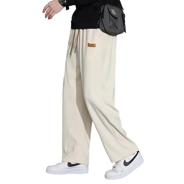 顶峰保罗 冰丝直筒阔腿灯芯绒宽松大码无性别主义运动通勤长裤弹力抽绳显高百搭简约时尚垂感休闲裤 男女同款