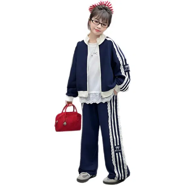 天才小熊休闲运动套装 女童春秋季花边拉条大童潮牌小孩衣服 小女孩长袖洋气时髦 舒适帅气轻便