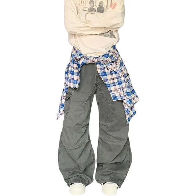 极限涡轮 美式复古宽松直筒多口袋工装裤阔腿高街运动抽绳牛仔裤 男女同款