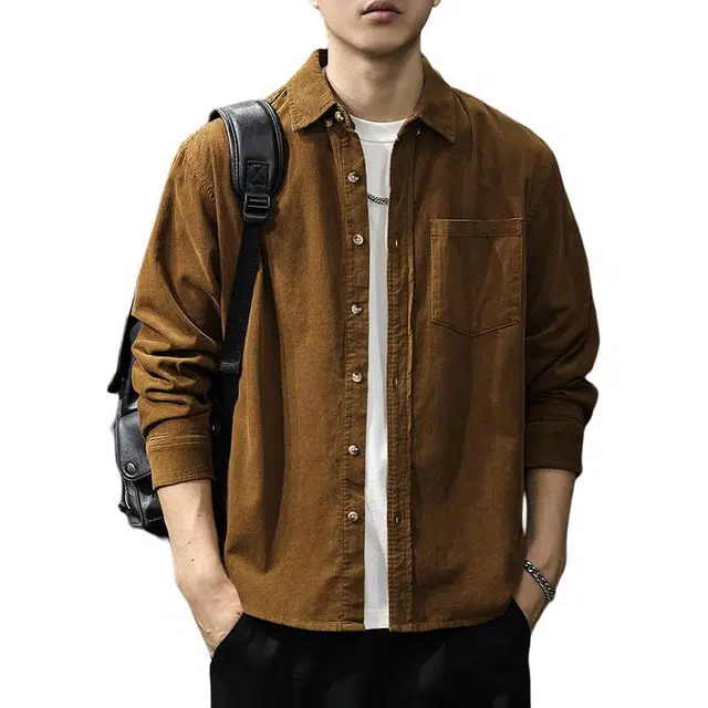 前进牛 老钱风复古纯棉休闲翻领衬衫外套美式简约纯色通勤百搭灯芯绒叠穿打底长袖衬衣衬衫 男女同款