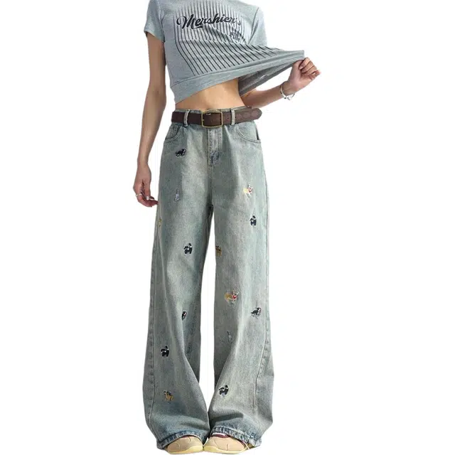 地界二 小狗刺绣直筒宽松阔腿美式高街裤子潮牌痞帅复古显瘦长裤牛仔裤 男女同款