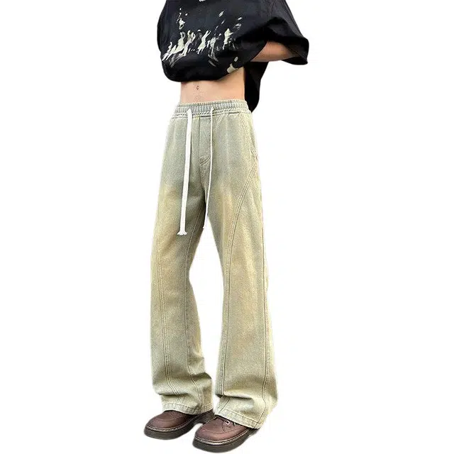 黑马漫画 直筒微喇裤裤男款夏季宽松阔腿牛仔裤 男女同款