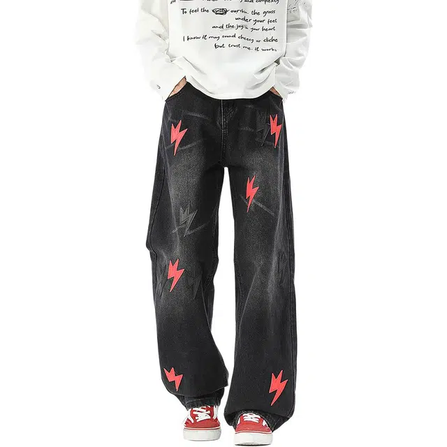 协协乐 闪电纹贴布美式复古高街风设计感做旧水洗春秋季宽松直筒阔腿拖地裤百搭休闲运动长裤牛仔裤 男款