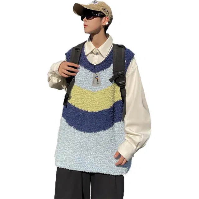 地界二 撞色背心美式复古宽松百搭潮流学院风无袖针织坎肩上衣复古宽松条纹青春活力风马甲 男款