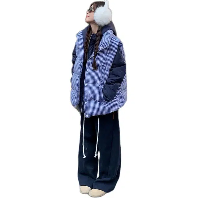 缪斯的诱惑 韩系高级感格子棉衣女冬季外穿面包棉袄上衣马甲 女款