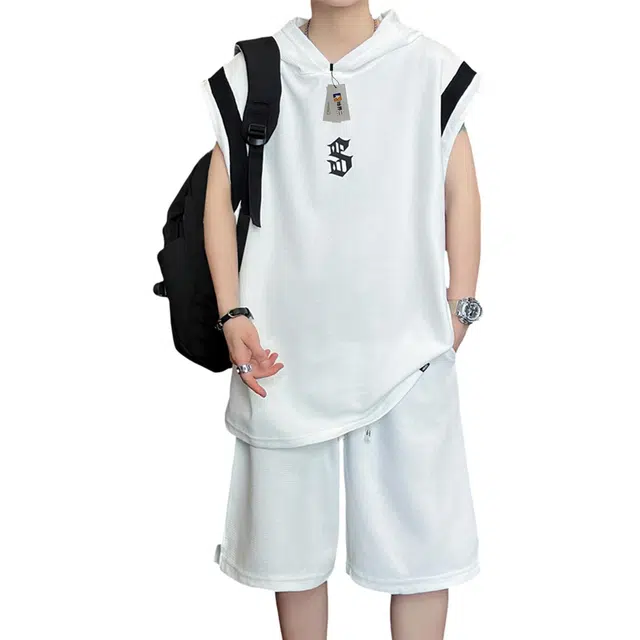 地界二 夏季男日系潮牌宽松百搭青少年背心短裤两件套休闲运动套装 男款
