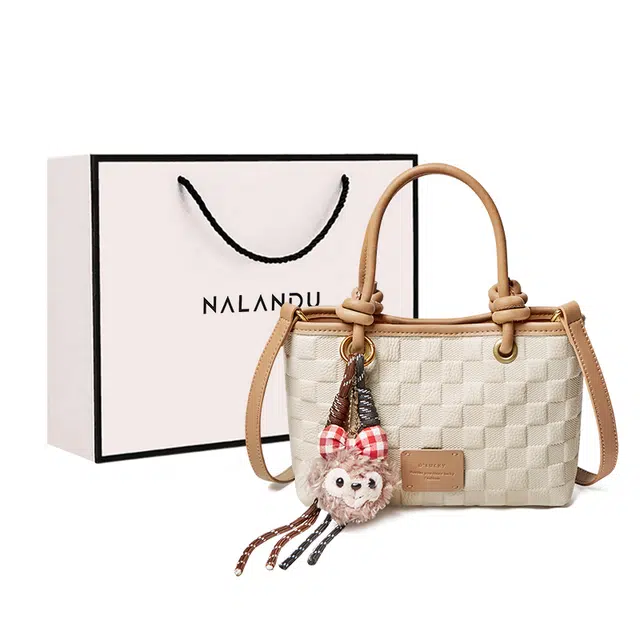 纳兰杜 通勤上班洋气高级感精致百搭 牛皮拼合成革 手提包 小号 女款 米白拼杏