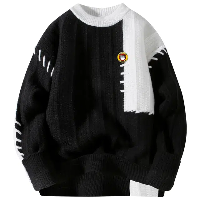 吾皇猫 美式复古基础款简约百搭加绒加厚慵懒风时尚胸针针织宽松保暖内搭不对称拼色撞色打底衫无性别穿搭休闲毛衣 男女同款