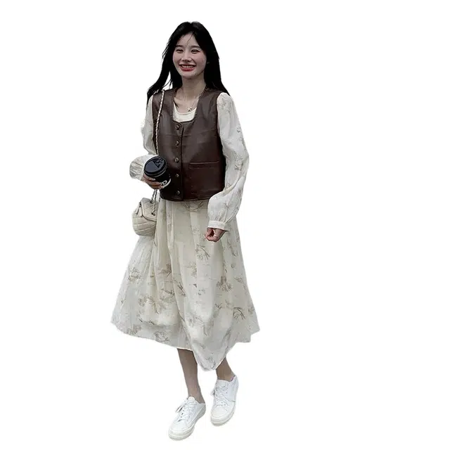 稻草人 水墨画马甲连衣裙两件套气质高级法式碎花减龄款裙装套装 女款