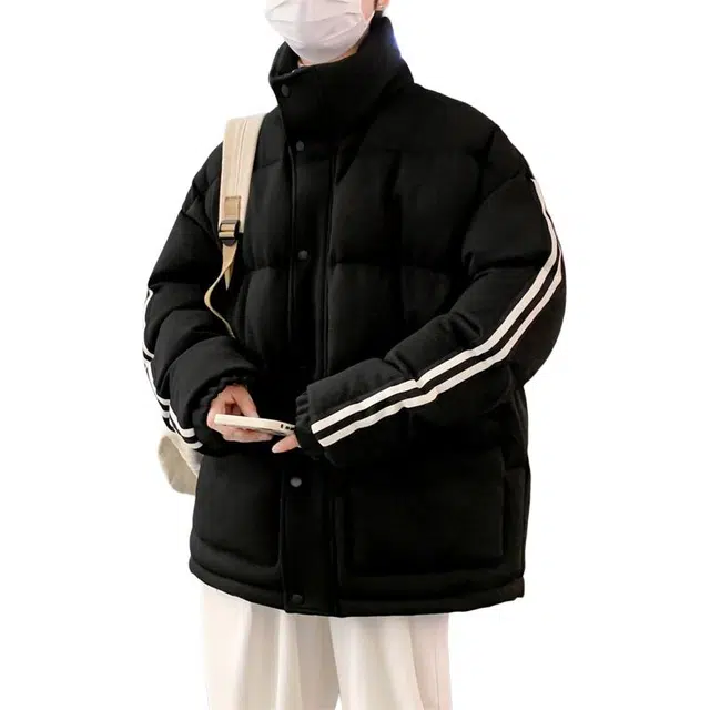 金盾 大码三条杠外套情侣款条纹保暖宽松长袖棉服 男女同款