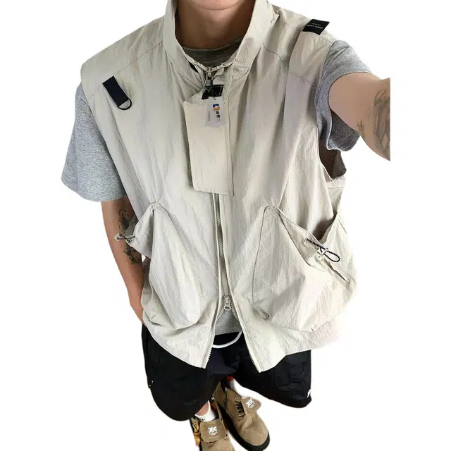 地界二 日系复古男夏季薄款宽松休闲机能风户外运动工装无袖外套马甲 男款