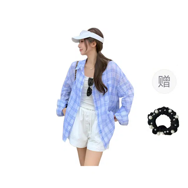 雾闪闪 蓝格纹翻领开衫女慵懒风通勤宽松显瘦小上衣衬衫 女款