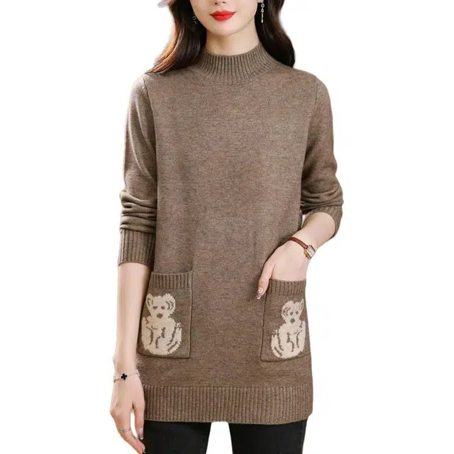 恒源祥 气质简约纯色印花半高领中长款长袖针织衫 女款