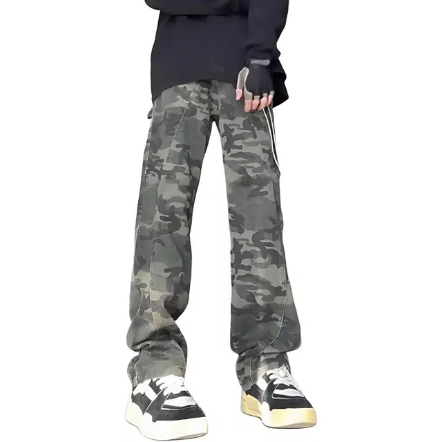 徐百货 美式解构迷彩裤春秋款重磅潮牌宽松直筒裤子水洗做旧工装裤牛仔裤 男女同款