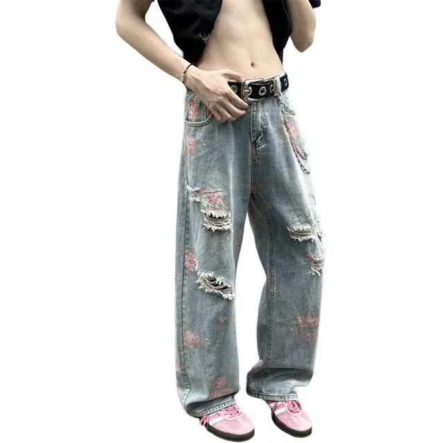 地界二 玫瑰破洞花卉满印裤子美式高街设计感直筒微喇长裤牛仔裤 男女同款