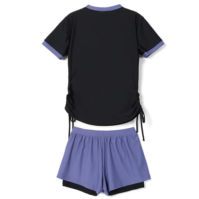 特步 泳装女士游泳运动保守短袖短裤两件套专业训练遮肚显瘦速干透气大码分体泳衣 女款