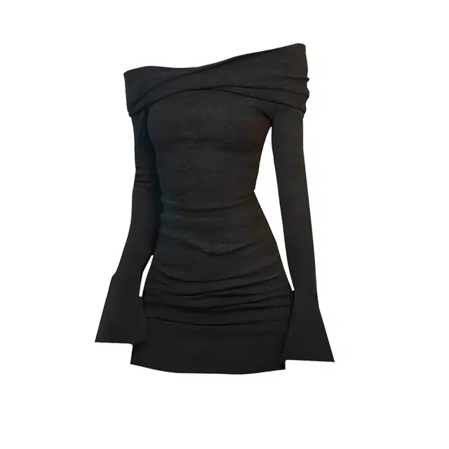 海獭 纯欲辣妹翻领一字肩长袖连衣裙修身显瘦露肩包臀裙 女款