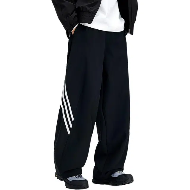 潮人榜 美式高街条纹拼接设计直筒长裤情侣款宽松春秋户外运动阔腿休闲裤 男女同款