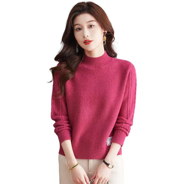 恒源祥 舒适柔软百搭经典纯色套头半高领长袖针织衫 女款