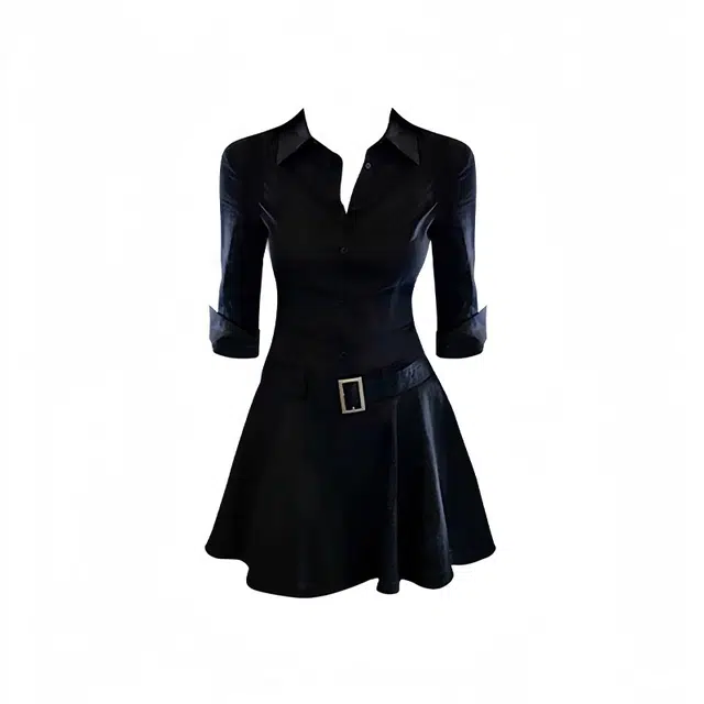 海獭 收腰系带修身衬衫百褶短袖连衣裙 女款