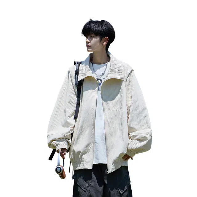北欧攻略 港风纯色波浪设计小众男生外套学生休闲潮流高级感大码夹克 男女同款