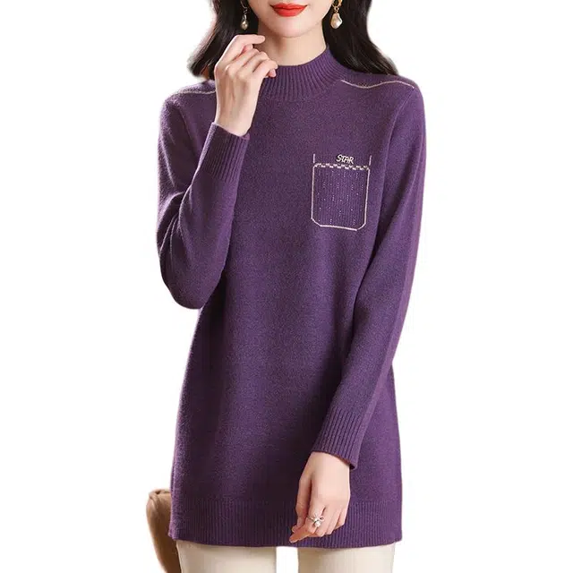 恒源祥 洋气时尚减龄纯色半高领中长款套头长袖针织衫 女款