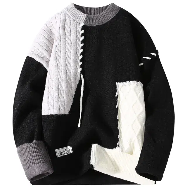 吾皇猫 慵懒风日系复古基础款简约百搭时尚贴布设计针织宽松保暖内搭圆领套头不对称拼色撞色打底衫无性别穿搭休闲毛衣 男女同款