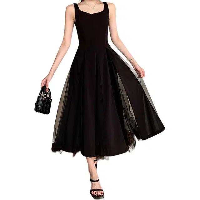 如续 如续纯色吊带连衣裙女网纱蓬蓬仙女裙初恋小白裙小礼服时尚舒适氛围感休闲长裙 女款