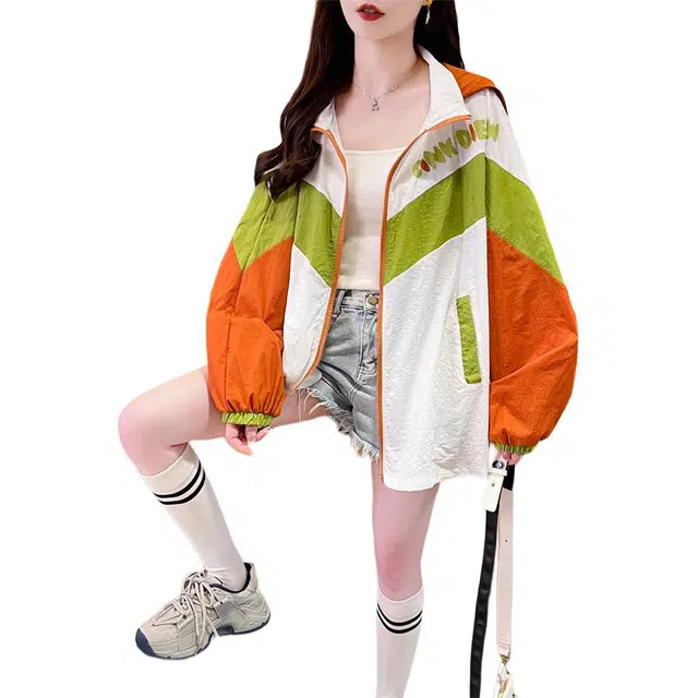 木清清 卡通拼色 连帽 防晒衣女 夏季 薄款 户外 透气 百搭 防紫外线 冰丝 轻薄 外套棒球服 女款
