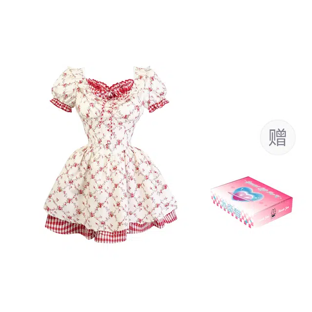 九条喵 收腰甜美显瘦泡泡袖公主裙小个子拼接红格碎花连衣裙制服 女款