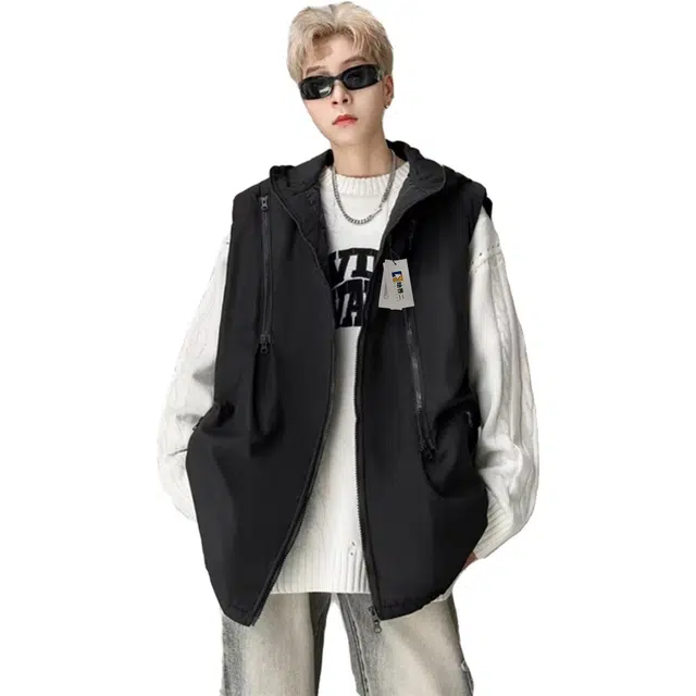 地界二 机能风连帽衣棉男秋冬美式潮牌痞帅宽松加厚坎肩工装外套马甲 男款