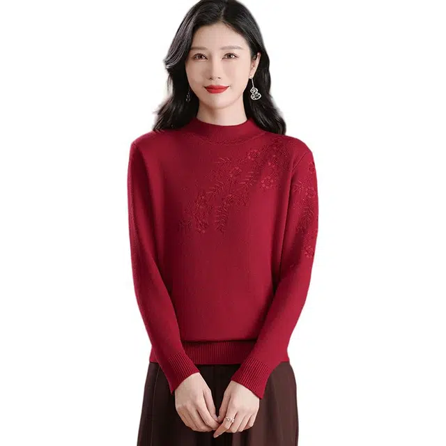 恒源祥 休闲简约洋气宽松半高领纯色绣花长袖针织衫 女款