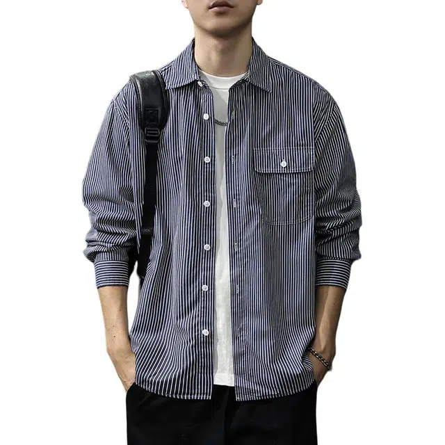 前进牛 美式休闲轻商务高端复古条纹长袖男士休闲百搭衬衫 男女同款