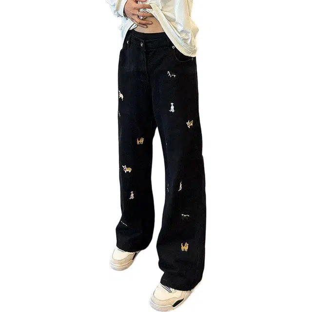 单爵 卡通小狗刺绣微喇裤男款潮牌牛仔裤 男女同款