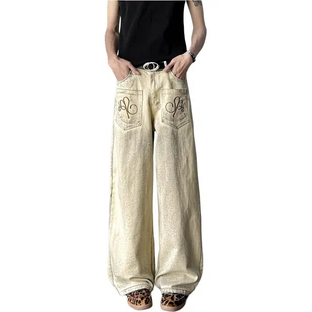 地界二 美式潮牌设计感反穿脏脏高街宽松直筒长裤子牛仔裤 男女同款