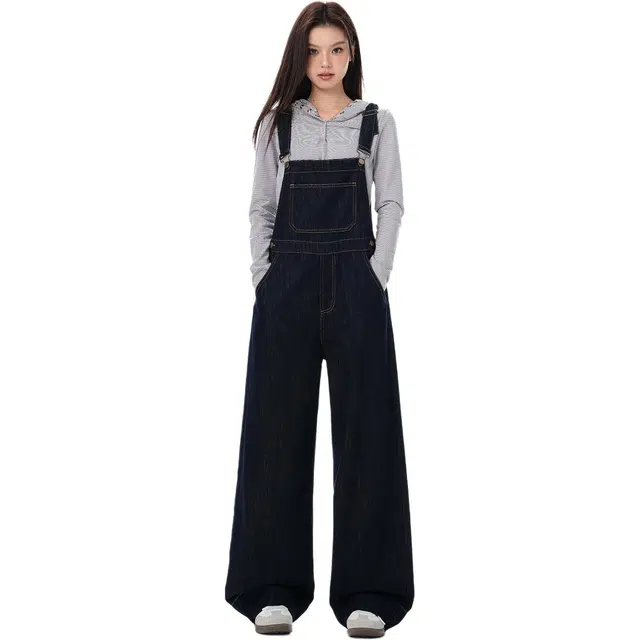 拾籍 美式复古舒适百搭宽松阔腿直筒拖地裤背带裤 女款