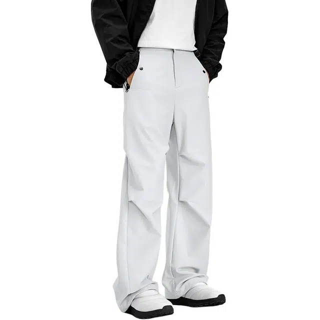 潮人榜 美式高街复古工装长裤情侣款宽松黑白撞色斜插拉链口袋春夏户外速干裤褶皱设计休闲裤 男女同款