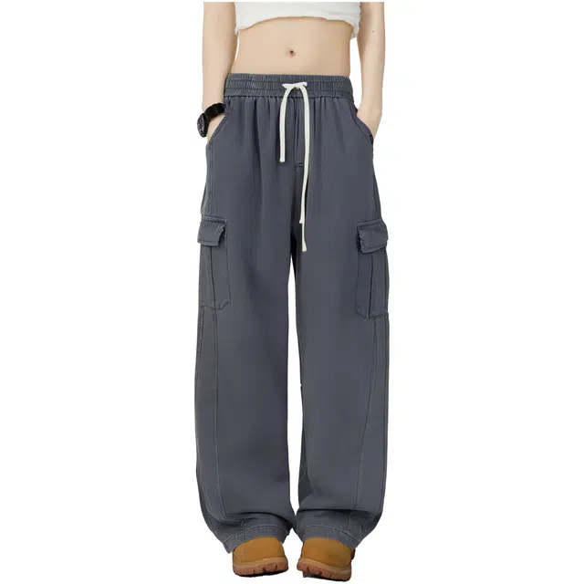 帕丁顿熊 美式复古字母纯色宽松休闲百搭学院日常穿搭直筒阔腿纯棉舒适系带工装裤 男女同款