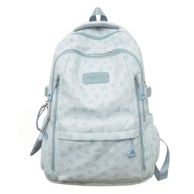 南潇湘 开学书包时尚潮流百搭高颜值大容量爱心小众女高中生大学生美式背包 尼龙 双肩包 常规 女款 蓝色/绿色/粉色/黄色