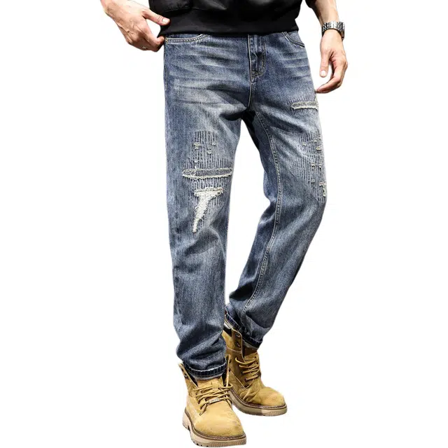路杰邦  美式潮牌刮烂休闲裤男士设计感小众秋季宽松直筒大码休闲长裤子 牛仔裤 男款